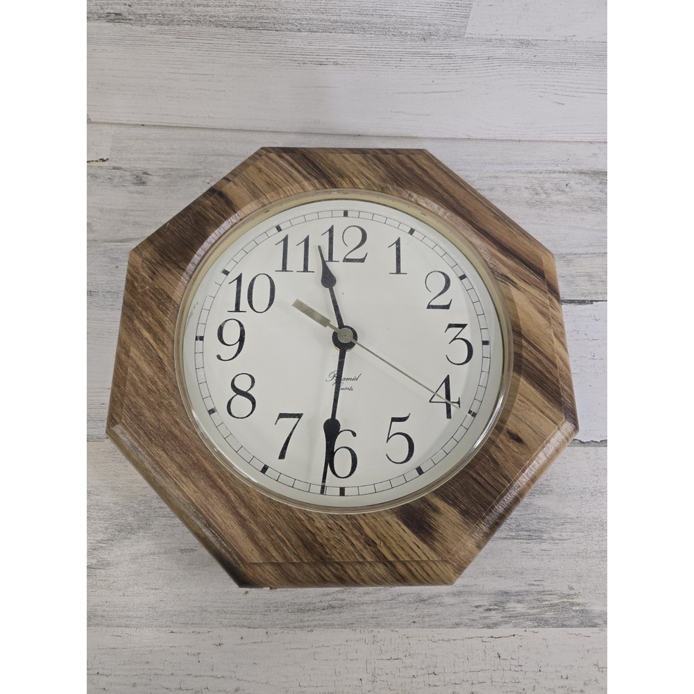 Vintage 80's Pyramid Quartz Octagon Wall Clock Wood Grain Brown 11.5 Inch Analog